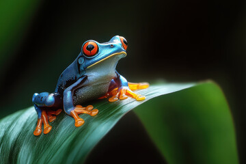 Naklejka premium vibrant blue and orange frog perched on green leaf, showcasing its striking colors and intricate details. This captivating amphibian is stunning example of natures beauty