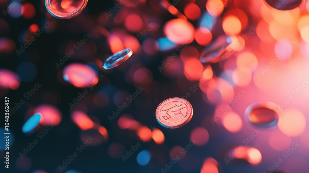 Poster coins tumble downward with a soft blur behind, creating a vibrant scene that captures wealth in moti