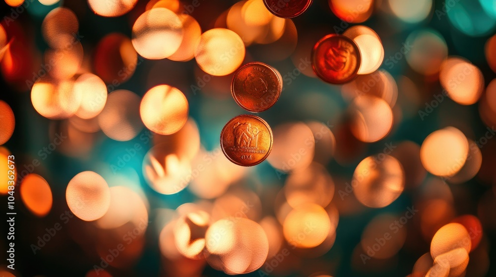 Poster Falling coins gleam dynamically in front of a blurred background, a rich and vibrant display of abundance