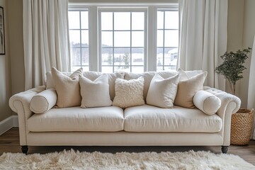 Fototapeta premium neutral living room, neutral tones, comfortable sofa with cushions, and plush rug create a cozy living room atmosphere in this interior design