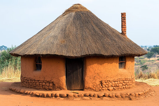 A traditional thatched-roof rondavel house in South Africa, with circular walls made of mud