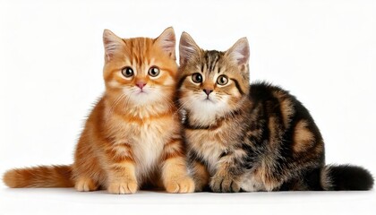 Obraz premium Cute Welsh mushroom kitten and a red kitten are sitting together on a white background. 