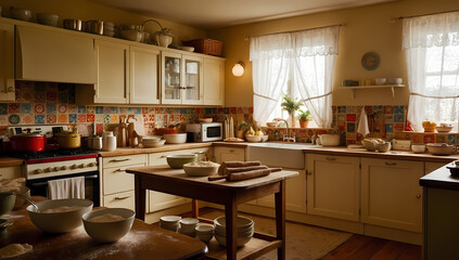 Cozy Vintage Kitchen with Baking in Progress and Golden Light