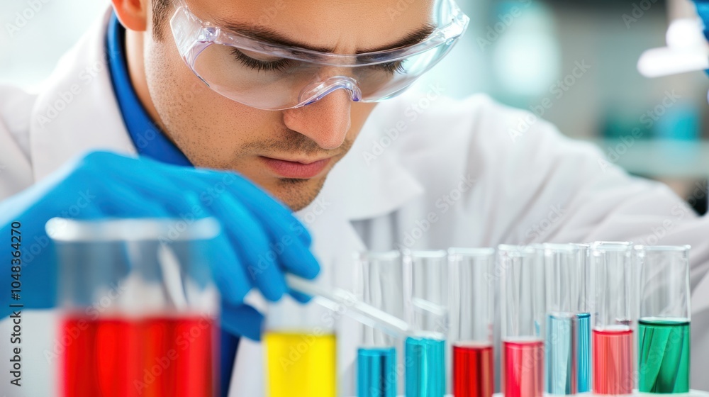 Poster A Scientist in a Lab Coat and Safety Glasses Performs an Experiment with Colored Liquids in Test Tubes
