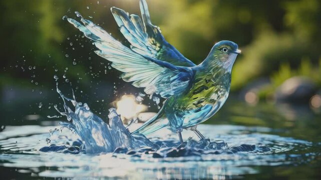Digitally created bird made entirely of water, splashing out of a body of water. Detailed form with water droplets and splashes forming feathers and wings, set against a blurred green background with