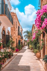 Charming Mediterranean Street Narrow Alley with Stone Houses, Lush Plants, and Pink Flowers