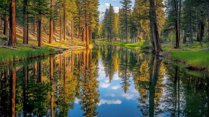 Serene Reflection of Pine Trees in a Tranquil Lake