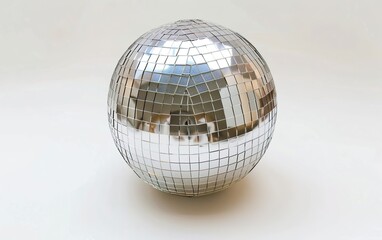 Photorealistic nostalgic polished silver mirror disco party ball from 2000s isolated on white background, y2k nostalgia for millennium era. Metallic shiny reflective elegant timeless retro-futurism