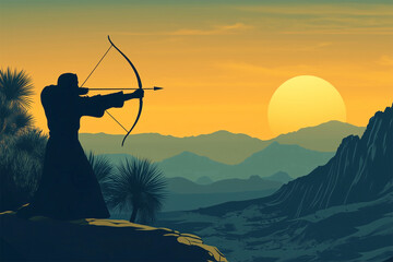 An AI generative image of silhouette Arab archers during sunset.