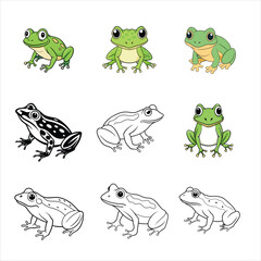 a collection of frog set vector illustration with line art.