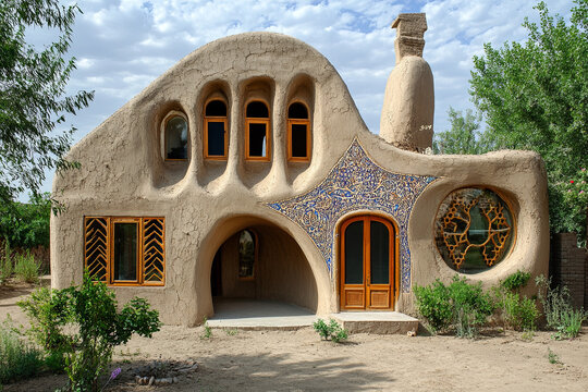 A mud-brick house in the Iranian desert, with intricate Persian designs on the facade