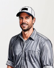 Naklejka premium Hand drawing clipart of a man with a baseball cap and casual shirt on plain white background