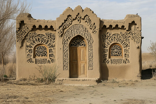 A mud-brick house in the Iranian desert, with intricate Persian designs on the facade