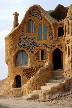 A mud-brick house in the Iranian desert, with intricate Persian designs on the facade