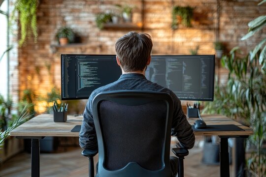 Software developer writing code working from home office using dual monitors
