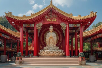 Obraz premium White statue of guanyin sitting in a red and gold pavilion