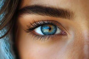 Obraz premium Woman with blue eye is showing perfect makeup