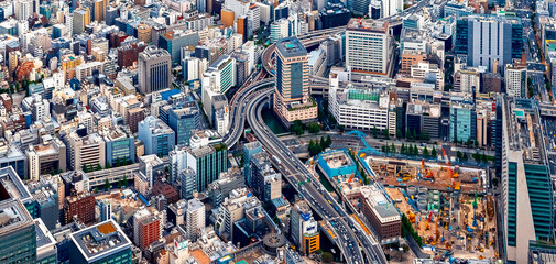 Aerial view of skyscrapers and expressways in Chuo City, Tokyo, Japan