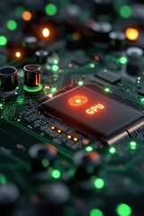 Obraz premium Illuminated GPU chip surrounded by circuit board components in a high-tech setting at night