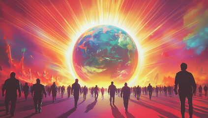 Fototapeta premium A digital painting of the Earth, glowing with light and surrounded by geometric patterns, set against an abstract background. Silhouettes of people on camels stand around it, creating Generative AI .