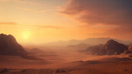 Naklejka premium Stunning Desert Landscape at Sunset with Breathtaking Rock Formations and Golden Sand Dunes