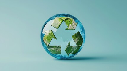 Fototapeta premium A globe with a recycling symbol, featuring green landscapes, representing global sustainability and environmental awareness.