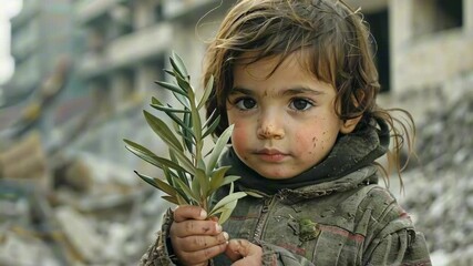 A Child Holding an Olive Branch Amidst Ruins of a Destroyed City. A Symbol Of Peace And Hope In The Aftermath Of Conflict. Stop War and Shooting. Children's Day