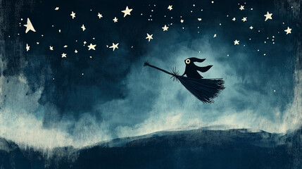 Naklejka premium Vintage-style illustration of a broomstick flying through the night sky with stars and a small owl perched on it.