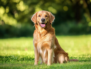 Obraz premium Golden retriever sitting on green grass, showcasing joyful expression. This friendly dog enjoys sunny day outdoors, embodying happiness and playfulness