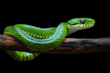 Fototapeta premium vibrant green snake rests gracefully on branch, showcasing its striking scales and unique patterns. dark background highlights its vivid colors and intricate details, creating captivating image