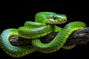 vibrant green snake rests gracefully on branch, showcasing its striking scales and intricate patterns. contrast against dark background highlights its beauty and elegance