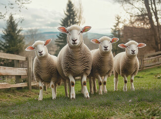 Naklejka premium group of four sheep stands together in lush green field, showcasing their fluffy wool and curious expressions. serene landscape adds to peaceful atmosphere