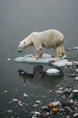 A polar bear standing on a small, melting ice floe, surrounded by polluted waters