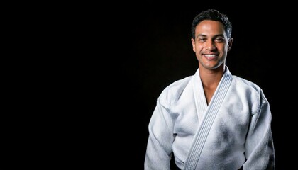 35歳のたくましい空手家。白い道着を着ている男性格闘家。