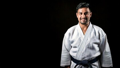 30代男性の格闘家、空手家。空手道着を着て黒帯を締めている