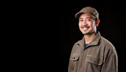 30代、カーキ色のシャツを着た猟師風の男性。