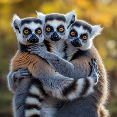 Obraz premium Three adorable lemurs embrace each other in heartwarming display of friendship and affection, showcasing their striking features and vibrant eyes