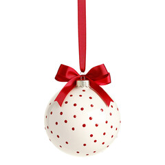 White ornament with red dotted patterns on red ribbon isolated on white background, decoration for Christmas tree.
