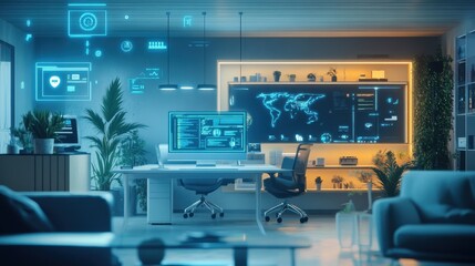 Smart office with AI systems controlling productivity tools, employee well-being features, and seamless communication through voice-controlled interfaces. 