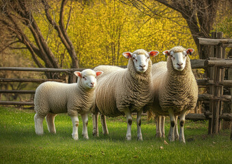 Fototapeta premium group of sheep stands together in lush green field, surrounded by trees and vibrant yellow foliage. scene captures peaceful rural atmosphere, showcasing beauty of nature