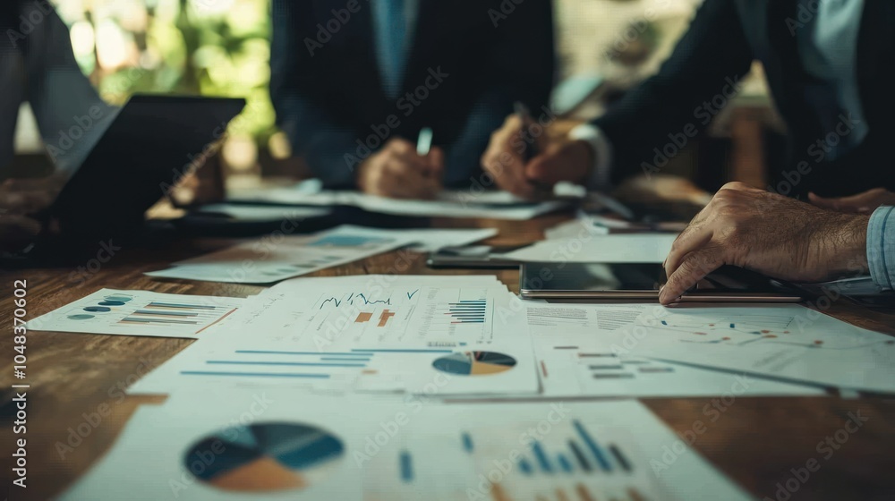 Poster Business Professionals Analyzing Data and Charts on a Table