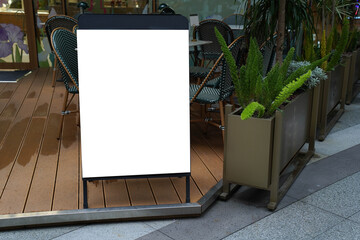 Blank white outdoor advertising stand sandwich board mock up template. Clear street signage board...