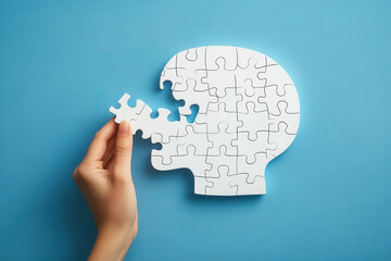 hand is placing puzzle piece into white puzzle shaped like human head against blue background, symbolizing problem solving and creativity