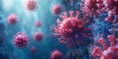 Fototapeta premium An illustrated concept of microscopic close-up of a coronavirus particle with spike proteins, red against a dark blue background