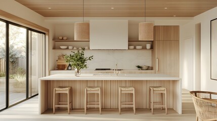 Fototapeta premium A serene Scandinavian kitchen with neutral tones, soft lighting, and clean lines