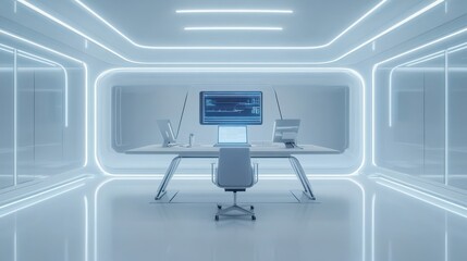 Naklejka premium Modern futuristic office space with advanced AI-powered workstations, holographic displays, and seamless virtual communication technology. Sleek and minimalistic design. 