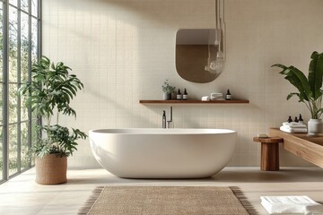 Fototapeta premium modern bathroom design, modern bathroom with a sleek bathtub, decorated in stylish kinfolk-inspired tiles in earth tones, for a serene aesthetic