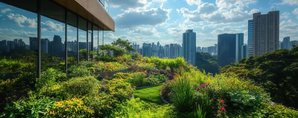 Green rooftop garden with cityscape in background.
