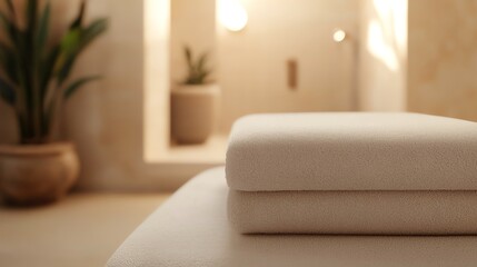 Fototapeta premium A serene spa setting featuring neatly stacked towels on a massage table, inviting relaxation and tranquility.