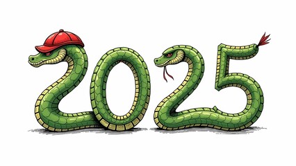 Naklejka premium Numbers 2025 in the form of a green tree snake in a red cap of the symbol of the new year on a white background